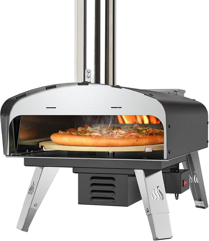 Mimiuo Pizzaoven met schep en pizzasteen, pelletkachel voor pizza met automatisch roterend grillsysteem, zwart (wereldwijd patent)