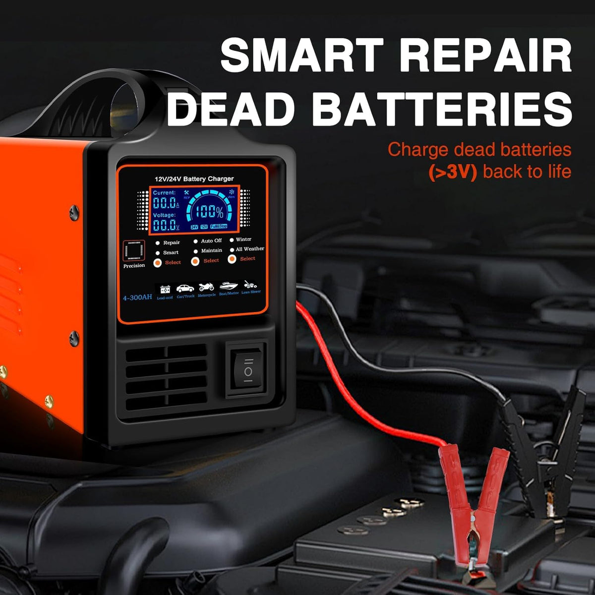 SolaMr 12V/24V Auto-Accu-Lader, 0-20A Snelle Auto-Accu-Lade-Eenheden, Automatische Intelligentie Drip-Lader met Reparatiefunctie, Wintermodus, voor AGM Auto's, Vrachtwagens en Motorcycles