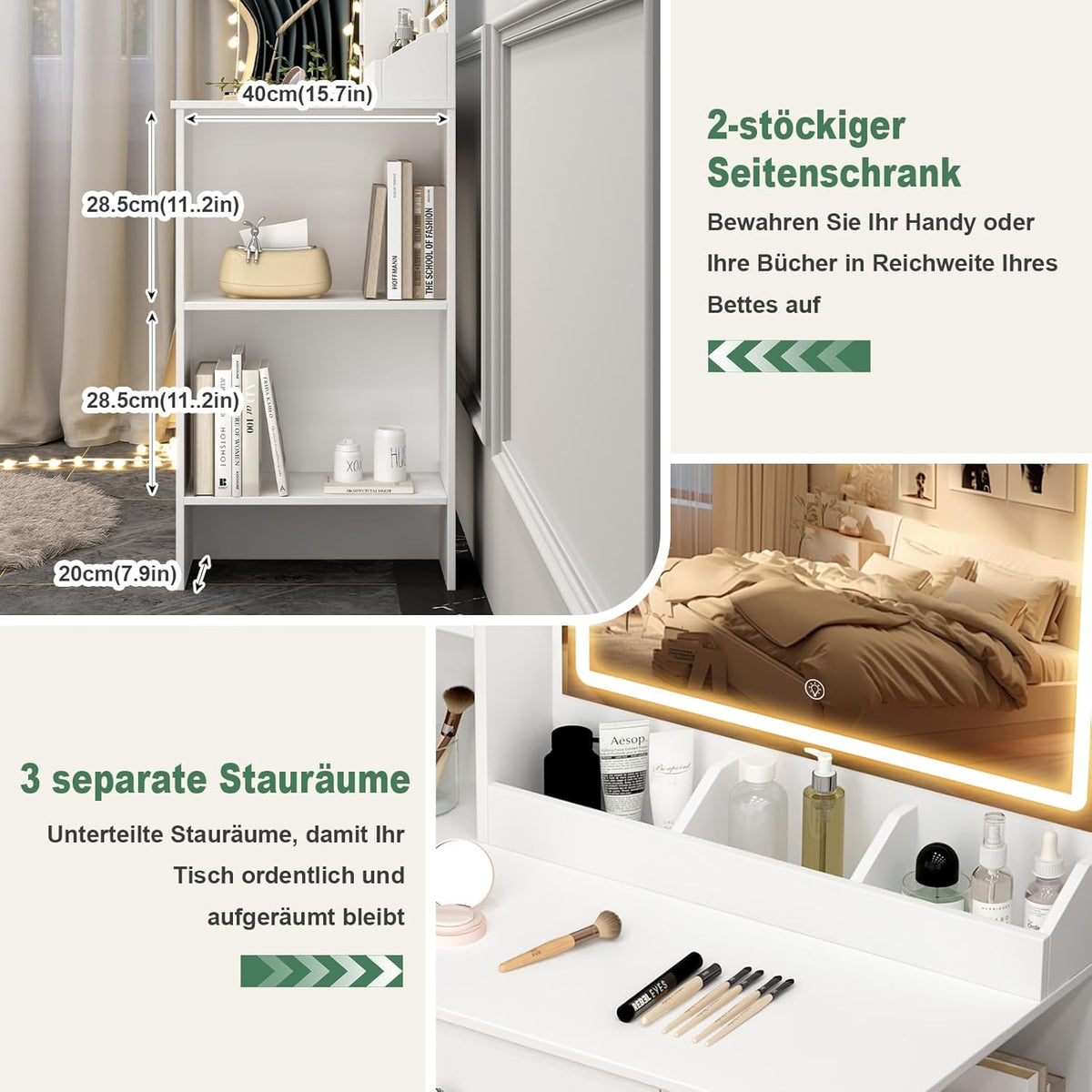 3-in-1 Bureau Kaptafel met LED Spiegel | Multifunctioneel Meubel voor Make-up, Werk & Nachtkastje | Moderne Witte Kaptafel met 4 Lades