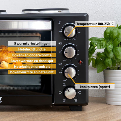 TZS First Austria - Minibakoven met kookplaten 30L 3200 W - Mini oven pizzaoven met kookplaten tot 230°C & 6 verwarmingsmodi - Minioven combi-apparaat met 4 inschuifhoogtes & hoogwaardig toebehoren
