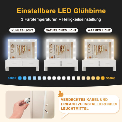 JUMMICO Grote kaptafel met ledverlichting en spiegel, 74 x 52 cm, instelbare helderheid en kleurtemperatuur, make-uptafel met 11 ledgloeilampen, wit