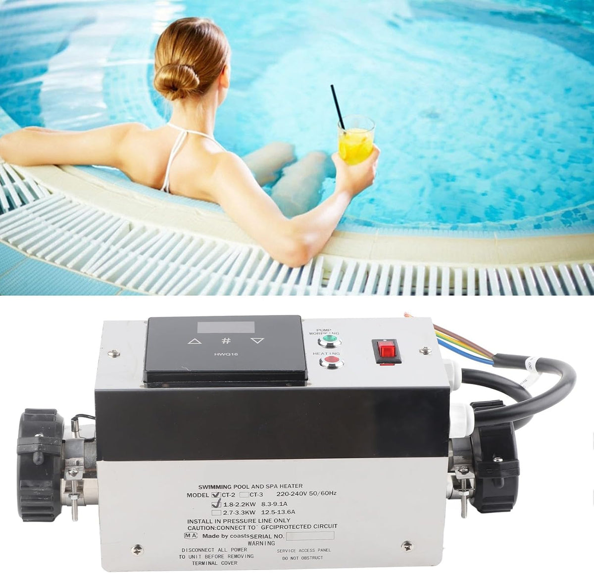 2KW Zwembadverwarmer Digitale Thermostaat voor Zwembad SPA, Roestvrij Staal, Eenvoudige Installatie, 2255 ℃ (Amerikaanse stijl)