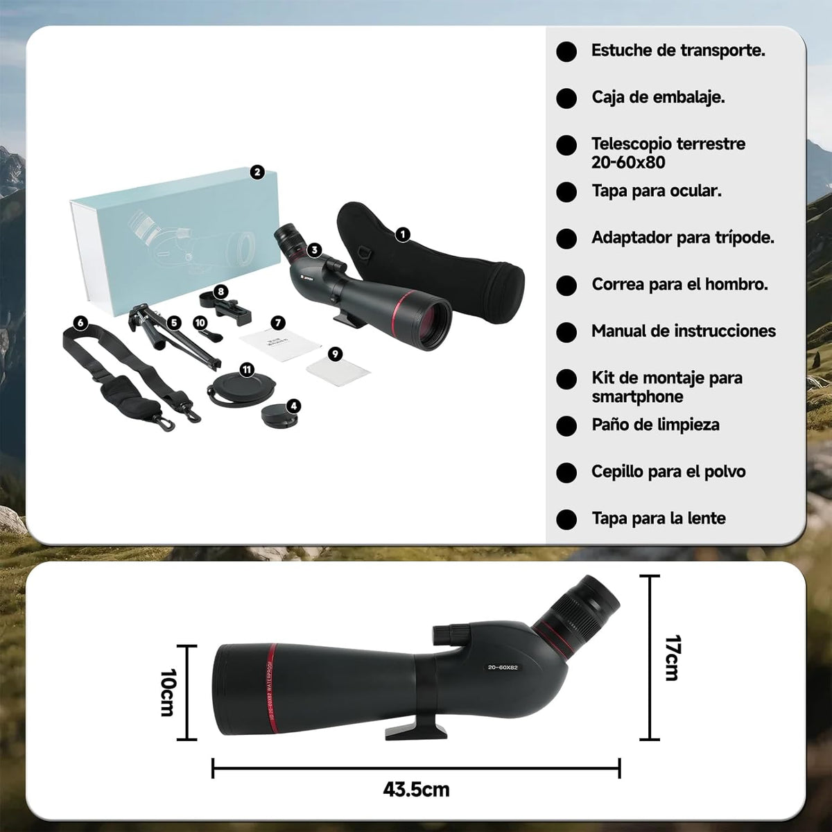 Ultra HD 20-60 x 82 telescoop, FMC-lens, BAK4-prisma, IPX7 waterdicht, met statief, tas en adapter, voor vogels spotten, wilde dieren observeren en schietoefeningen