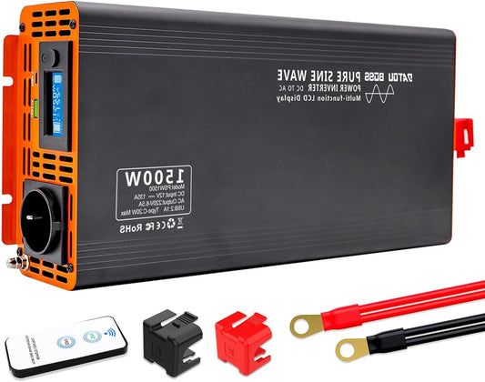 12V naar 230V Omvormer – Spanningsomzetter – Inverter – Stroomomvormer – Converter – Pure Sinus 1500W – Piekvermogen 3000W – Aluminium Behuizing – LCD Display - QUORE