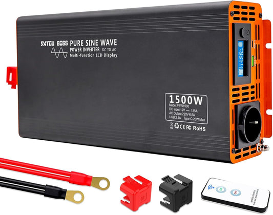 <font dir="auto" style="vertical-align: inherit;"><font dir="auto" style="vertical-align: inherit;">        DATOUBOSS 12V to 230V Pure Sine Wave Power Inverter 1500W/3000W, 12V to 230V 1500W with 1 EU Socket, 1 USB Port, 1 Type-C Port, for RVs, Trucks, Ca