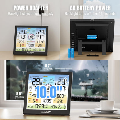 Raddy WF-120C Professioneel draadloos WiFi-weerstation, temperatuur- en vochtigheidsmeter voor binnen en buiten met 7-in-1 buitensensor, regenmeter, windsnelheid, weersvoorspelling, UV- en lichtindex