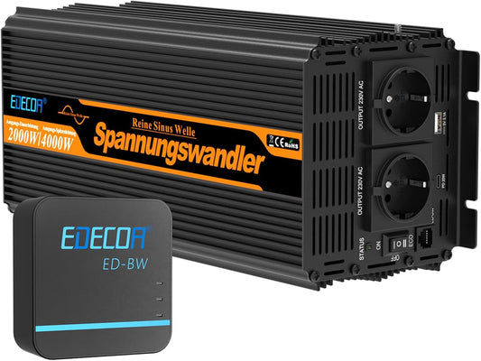 EDECOA 12 V 230 V omvormer, 2000 W/4000 W, 12 V naar 230 V, zuivere sinusgolf, omvormer met wifi-module, ondersteuning voor app-functies met 1 USB-poort en 1 PD-aansluiting