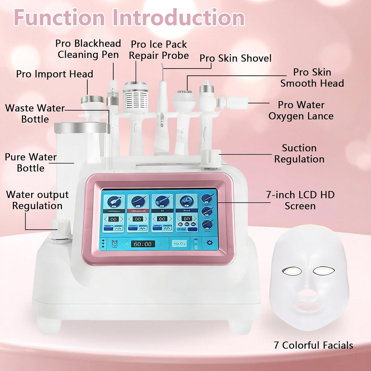 7-In-1 Hydrafaciale Machine – Hydrafacial Apparaat – Gezichtsverzorgingsapparaat – Gezichtsreinigingsapparaat – Huidverstevigingsapparaat – Wit – 9-Polige Sonde – 7-Kleuren LED-Masker