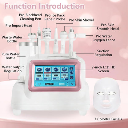 7-In-1 Hydrafaciale Machine – Hydrafacial Apparaat – Gezichtsverzorgingsapparaat – Gezichtsreinigingsapparaat – Huidverstevigingsapparaat – Wit – 9-Polige Sonde – 7-Kleuren LED-Masker