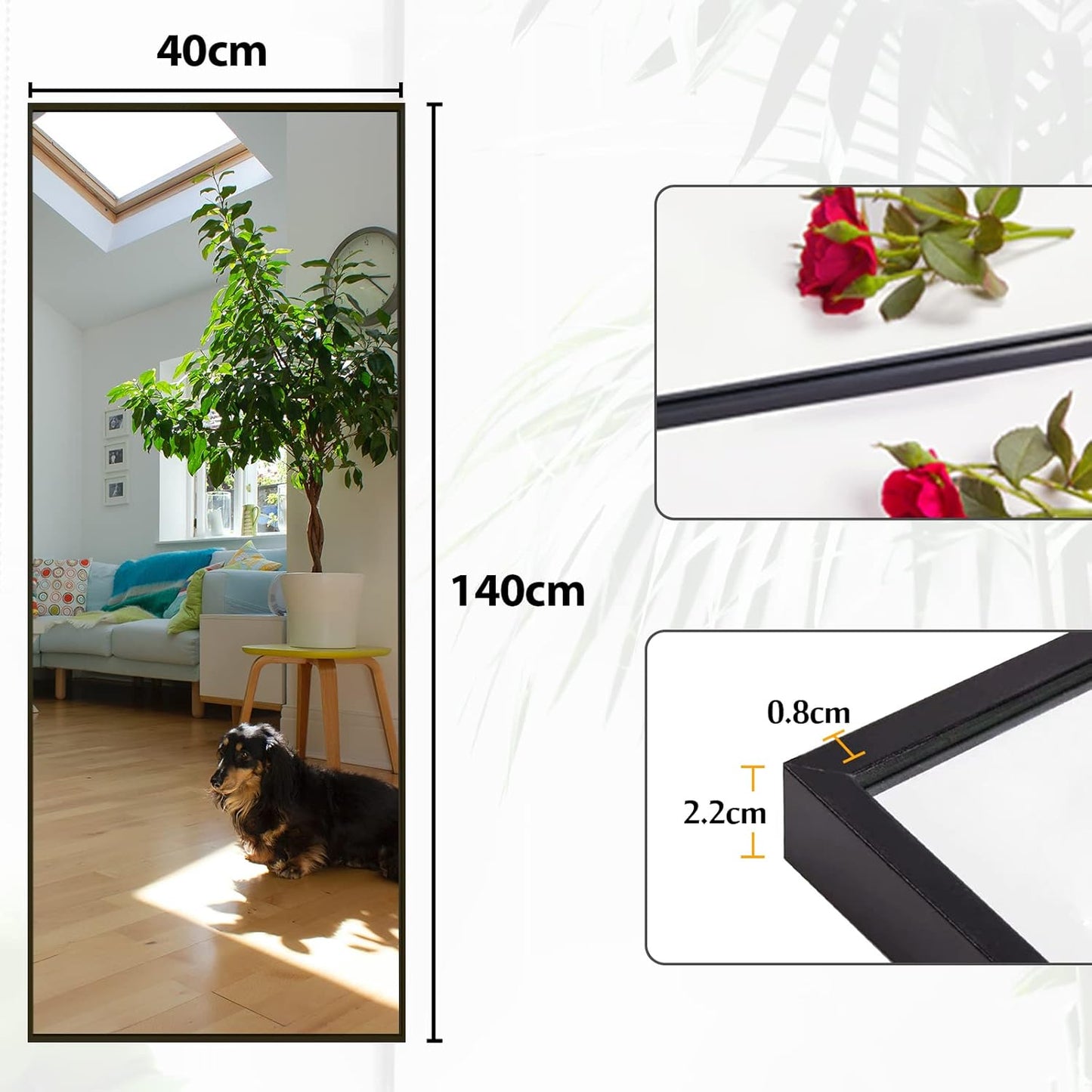 Beauty4U Spiegel in volledige lengte, 140 x 40 cm, vrijstaand, hangend of leunend, grote vloerspiegel met zwart aluminium frame voor woonkamer of slaapkamer