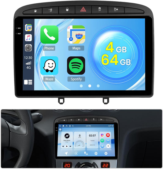 Roinvou 4G+64G Android 15 Autoradio voor Peugeot 308 408 2007-2015 Draadloos Carplay Android Auto, 9'' Incell Touchscreen Radio met Mirror Link GPS Bluetooth FM RDS WiFi EQ SWC Achteruitrijcamera