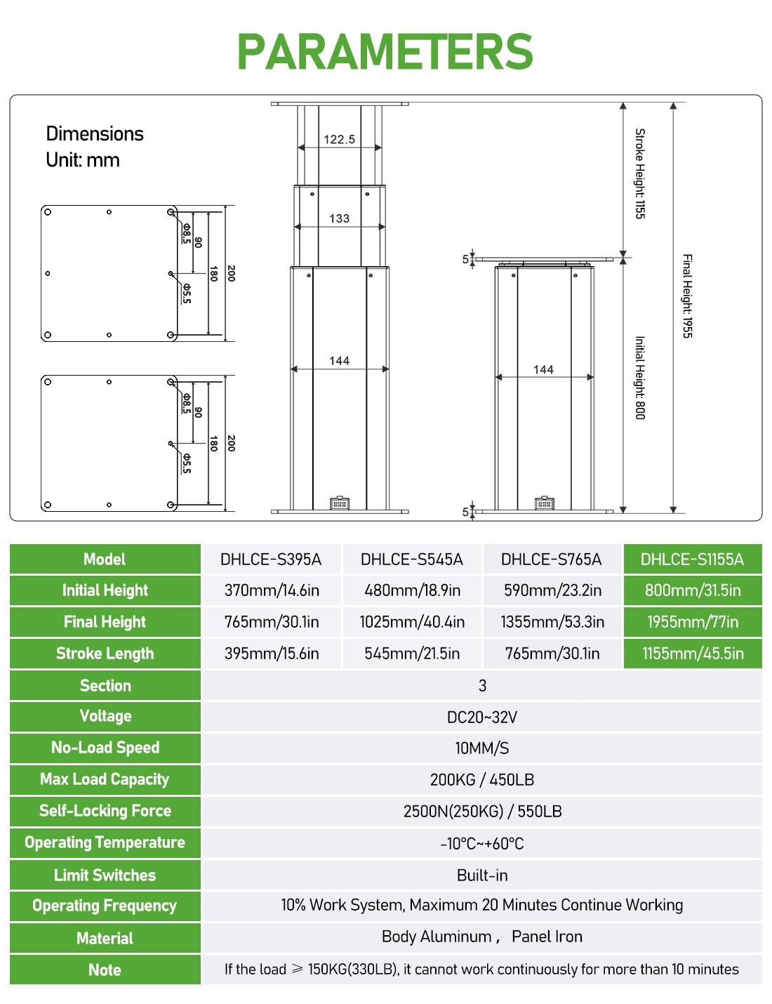 DIHOOL Industriële heftafel, elektrisch, 800-1955mm, maximale hoogte, 200kg schaarlift, met noodstop en wifi-bediening, robuuste hefzuil