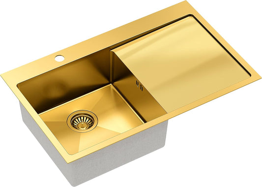 QUADRON spoelbak gootsteen roestvrij stalen spoelbak | Afmeting 78 x 48 x 20 cm Kleur: PVC Golden | Russel 111 inbouwspoelbak met kraangat | Enkele wastafel keukenspoelbak met stalen kamer roestvrij
