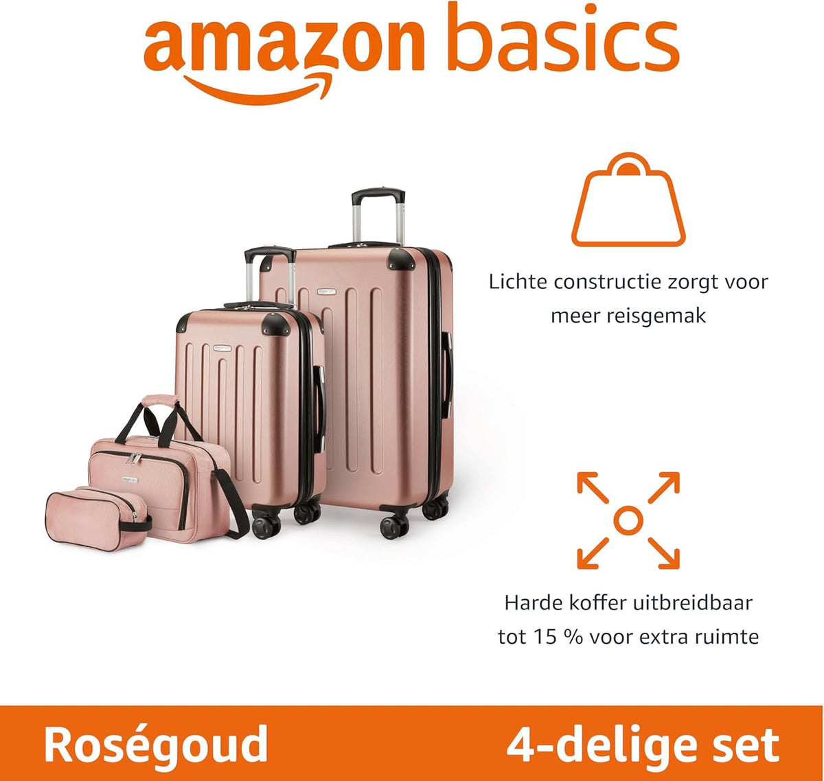 Amazon Basics Bagageset en Harde Buitenkant, 4-delig, Grote Koffer, Handbagagekoffer, Draagtas, Compacte Reistas, Uitbreidbaar, 4 Spinnerwielen, Roségoud