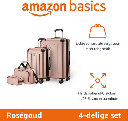 Amazon Basics Bagageset en Harde Buitenkant, 4-delig, Grote Koffer, Handbagagekoffer, Draagtas, Compacte Reistas, Uitbreidbaar, 4 Spinnerwielen, Roségoud