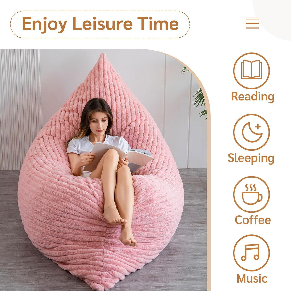 MAXYOYO Huge Bean Bag Bed, Square Bean Bag Chair, Large Faux Fur Sofa and Fluffy Filling for Adults Couples Guests (Corduroy Pink, 135x190cm)