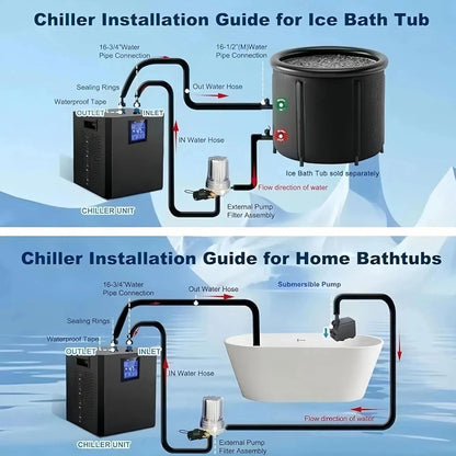 Waterkoeler voor ijsbad – Ijsbadkoeler – Waterchiller – Badkoeler – Koelmachine – 1/3 Pk voor tot 300 liter – LCD-Touchscreen met afstandsbediening en timer