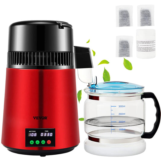 VEVOR Water Distiller 1L to H Household Red Water Distiller Produce Distilled Water 750W, Double Screen Stainless Steel Distiller Plant with Glass Jar Distilling Pure Water