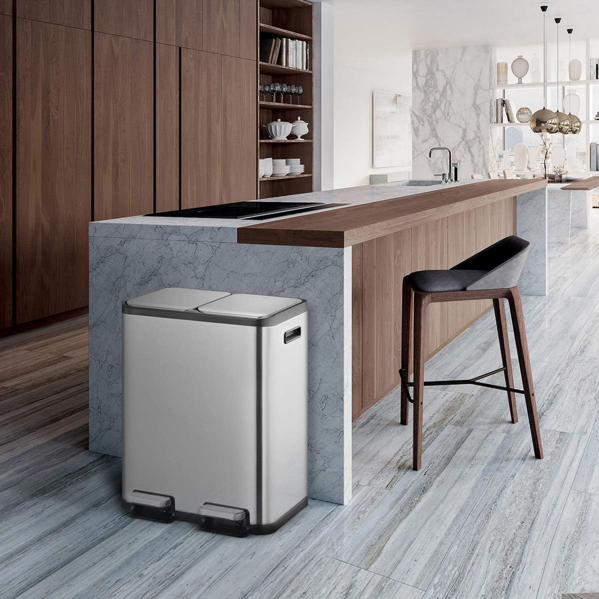 EKO Prullenbak voor in de keuken met twee compartimenten, geborstelde roestvrijstalen afwerking, 30 l + 30 l (softclose)