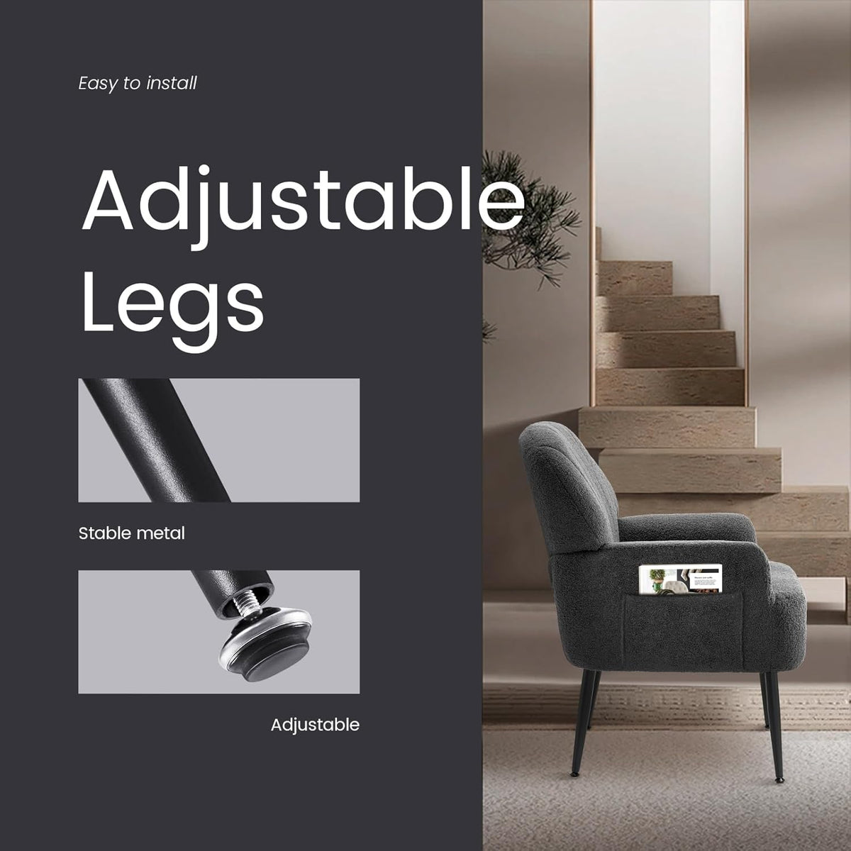IWMH Accent Chair for Living Room, Teddy Fabric Armchair, Single Sofa Chair with Armrests, Metal Legs, Corner Chair for Bedroom Reading (Teddy Grey) - QUORE