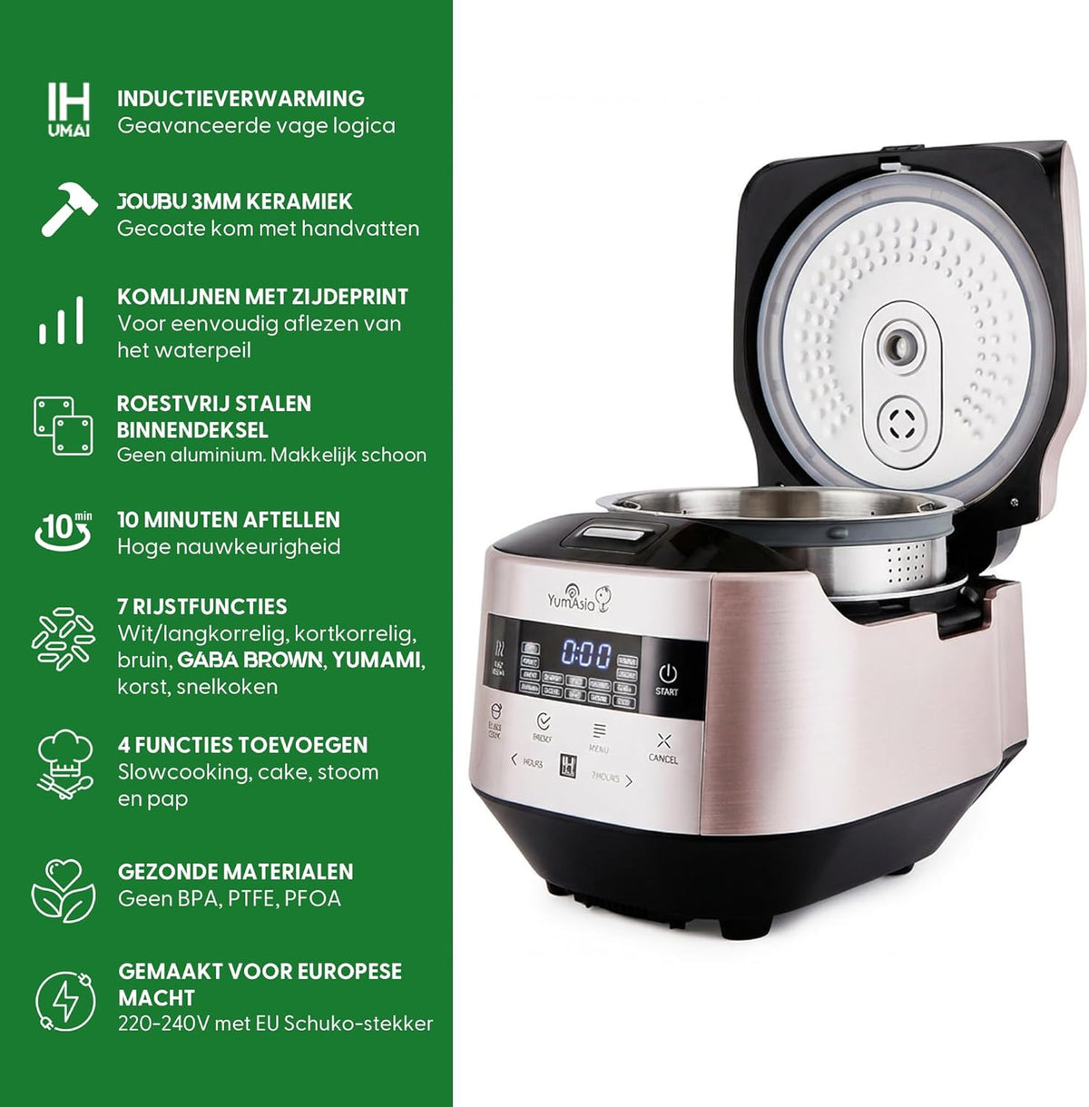 Inductie-Rijstkoker Champagneroze – Rijstkoker – Multicooker – Stoomkoker – Slowcooker – 1,5 Liter Tot 8 Kopjes – Keramische Binnenpan En 24-Uurs Timer