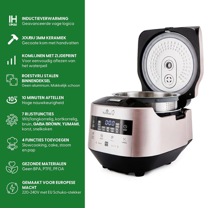 Inductie-Rijstkoker Champagneroze – Rijstkoker – Multicooker – Stoomkoker – Slowcooker – 1,5 Liter Tot 8 Kopjes – Keramische Binnenpan En 24-Uurs Timer