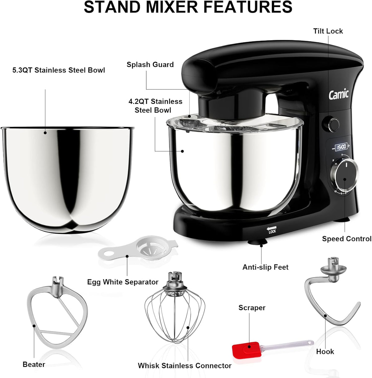 Staande mixer – Keukenmixer – Standmixer – Mixer – Keukenrobot – Zwart – 300 W – 10 Snelheden + Pulsefunctie