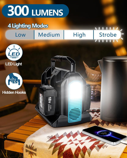Taingwei 350 W Sine Wave omvormer voor Makita 18V batterij, 4-poorten, 18V naar 230V volt, spanningsomvormer met 3 USB-A-poorten, 1 USB-C poort, 300 lm ledlicht voor camping, reizen, jacht