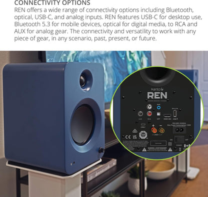 Kanto REN 200W Powered Speaker System with HDMI ARC Input for TV & Home Theater | USB-C and Bluetooth 5.3 | High/Low Pass Filter | Pair | Matte Blue