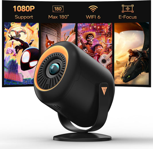 Mini-beamer met wifi en bluetooth, draagbare projector Native 1080P-ondersteuning, 4K met 180° verstelbare standaard, max 180 inch display, geïntegreerde luidsprekers