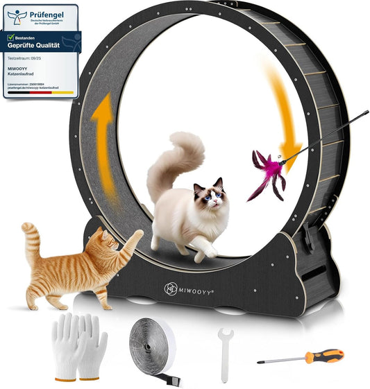 Cat Wheel Large Cat Wheel 100cm - Black Solid Wood Cat Running Wheel for Indoor Cats, Safety Cat Walking Wheel with Lock and Minimized Gap Design - QUORE