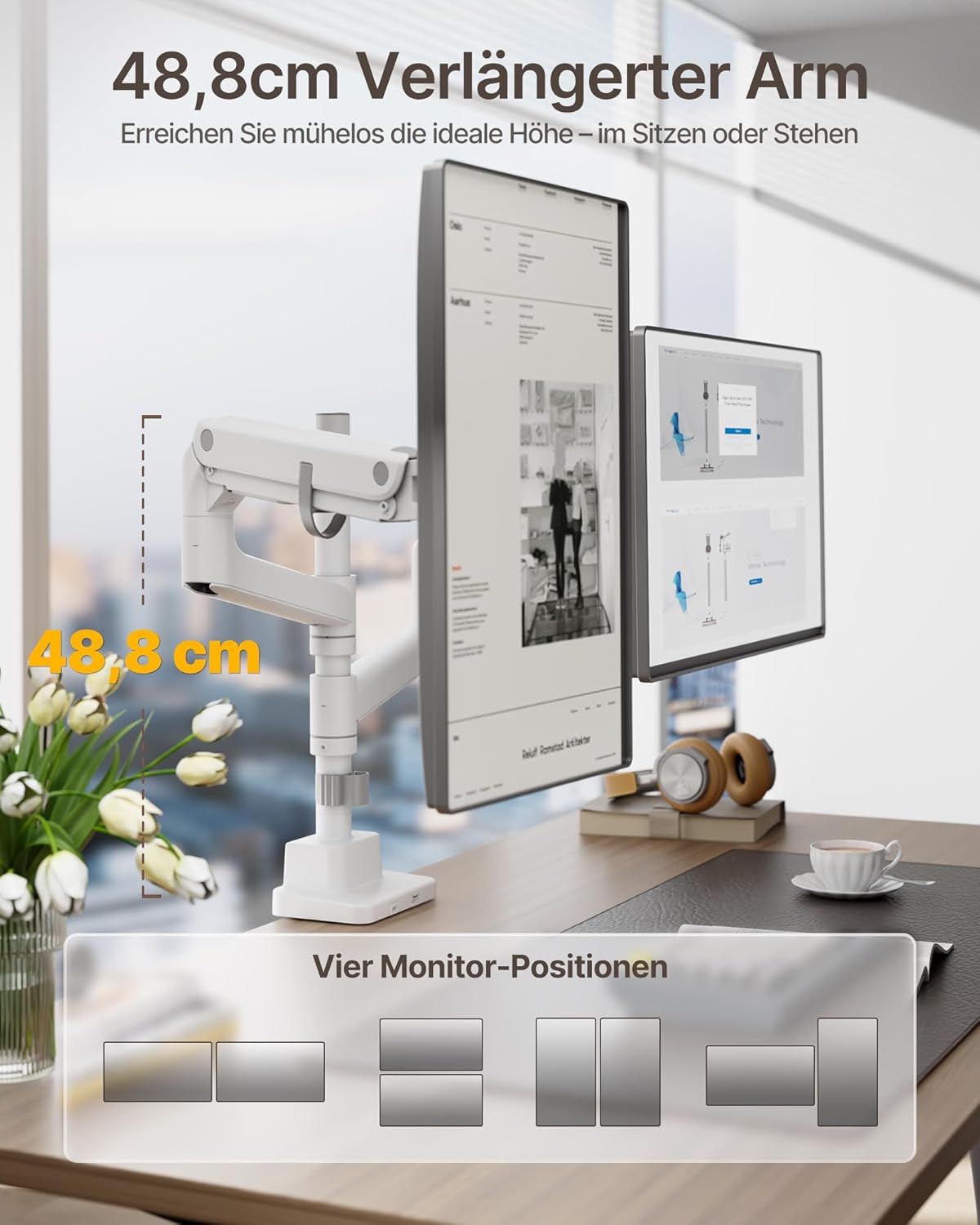 monTEK Dubbele Ultrawide Monitorarm voor 17-57 Inch Schermen tot 27 kg, Aluminium Zware Gasveer Verticale Stapelbare Gebogen Scherm Verstelbare Monitorstandaard, 75/100mm Vesa-bevestiging, Wit