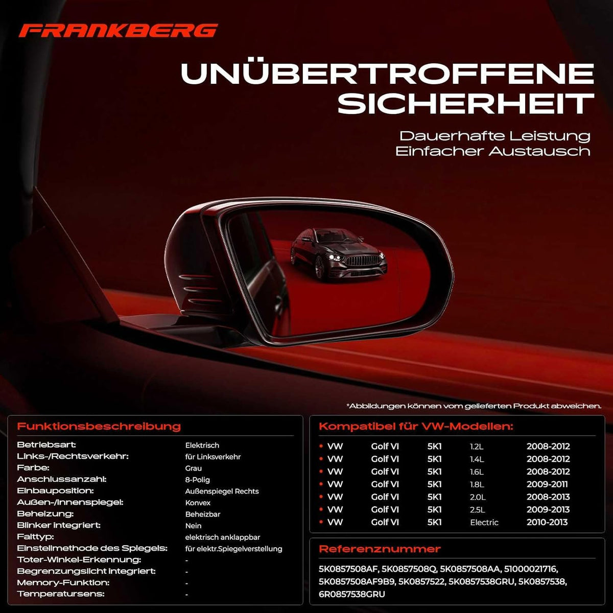 Frankberg 1 x buitenspiegel rechts, elektrisch, 8-polig, compatibel met Golf VI 5K1 2008-2013, vervanging # 5K0857522