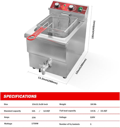 EGGKITPO Elektrische friteuse, groot, 12 liter, met olie-afvoer en timer, diepe friteuse met mand en deksel, werkblad, friteuse van roestvrij staal, commerciële friteuse voor restaurant en