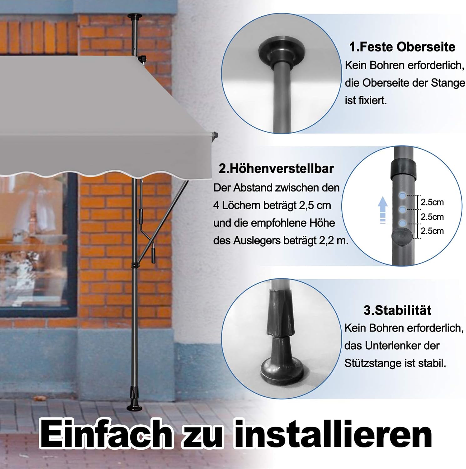 Klemluifel – Zonnescherm – Balkonluifel – Uitschuifbare Luifel – Zonwering – Verstelbare Hoogte 2-3m – UV-bestendig Polyester 350x120 cm - QUORE