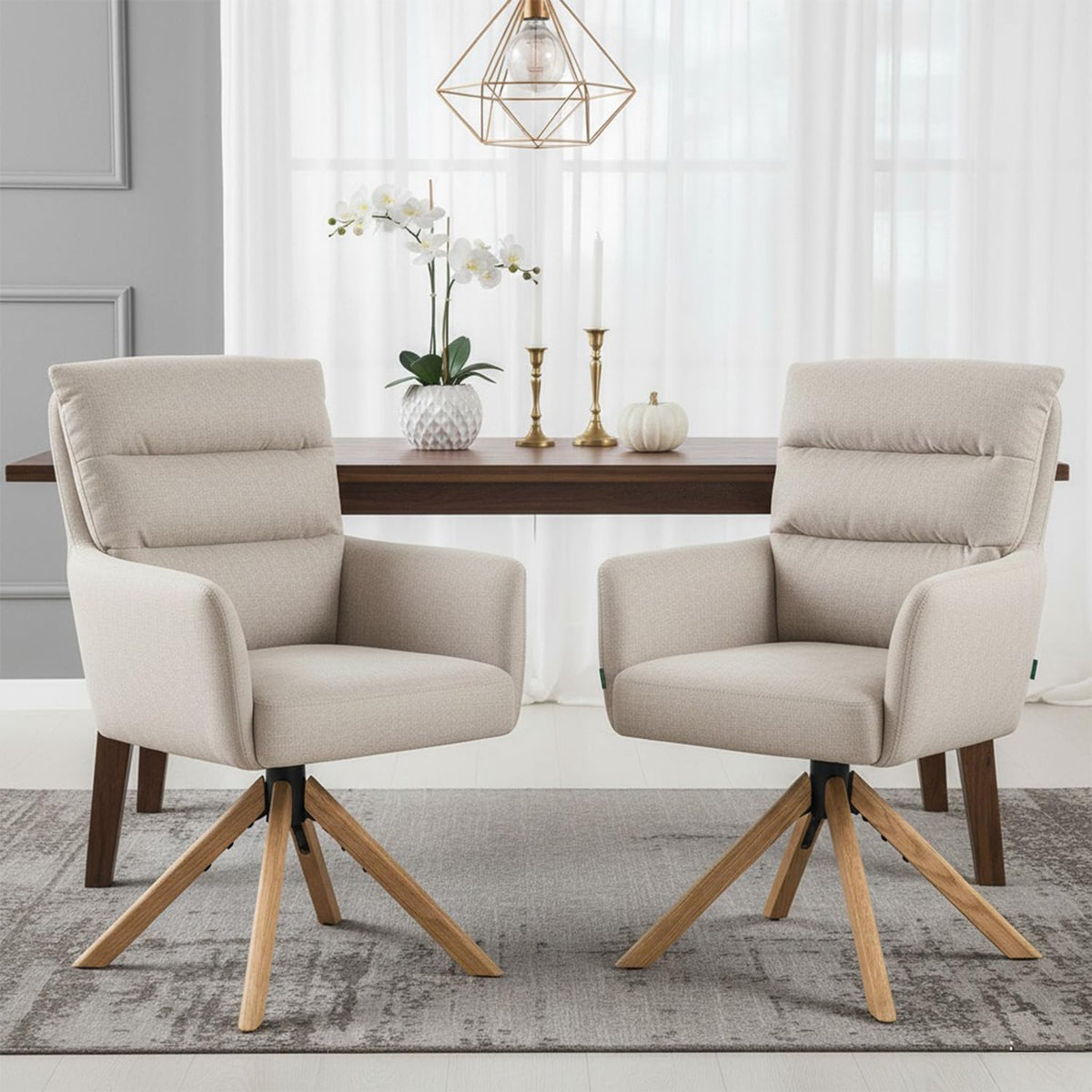 360° Draaibare Eetkamerstoel – Draaistoel – Stoel Met Armleuning – Zithoekstoel – Design Eetstoel – Crème Kleur – Natuurlijk Eikenhout Frame – Reset-functie