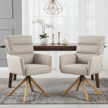 360° Draaibare Eetkamerstoel – Draaistoel – Stoel Met Armleuning – Zithoekstoel – Design Eetstoel – Crème Kleur – Natuurlijk Eikenhout Frame – Reset-functie