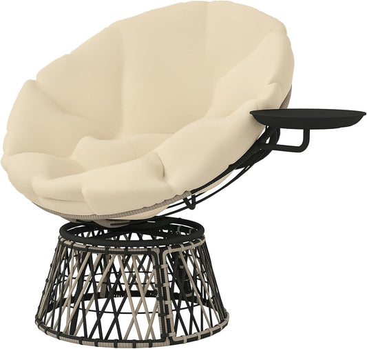 Outsunny Papasan Rattan Chair, 360° Swivel Wicker Chair with Cushion, 90cm Diameter, Round Outdoor Rattan Chair, Swivel Chair, Lounge Chair, Recliner for Living Room, Garden, Balcony, Beige
