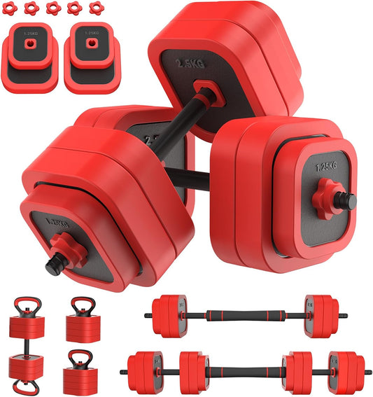 JOROTO 10KG/30KG Verstelbare Dumbbell Set 4-in-1-Dumbbells, Barbell, Kettlebell & Push-Up Stand met 8x1,25KG + 8x2,5KG IJzerzand Platen, Antislip Greep, Compact voor Thuisgym, Krachttraining & Fitness