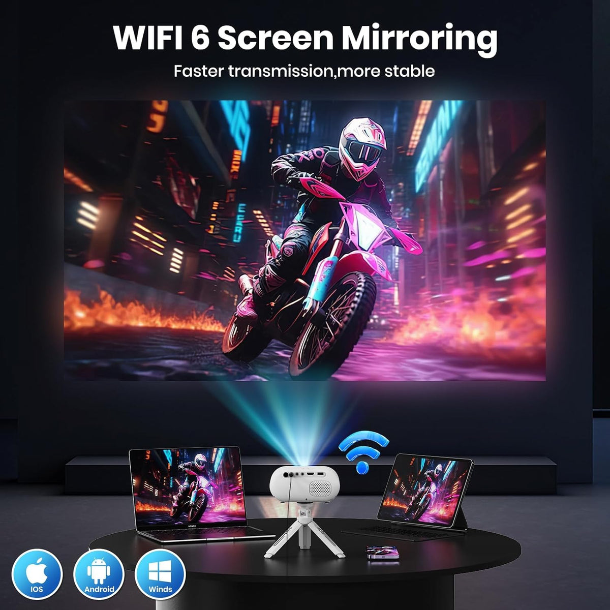 Mini Projector met Statief 1080p Ondersteuning WiFi Bluetooth Draagbare Projector, Compatibel met Smartphone, HDMI, USB, TV Stick, Thuis Buiten Slaapkamer Projector,wit