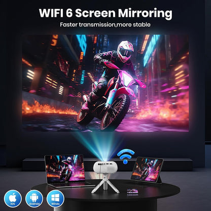 Mini Projector met Statief 1080p Ondersteuning WiFi Bluetooth Draagbare Projector, Compatibel met Smartphone, HDMI, USB, TV Stick, Thuis Buiten Slaapkamer Projector,wit