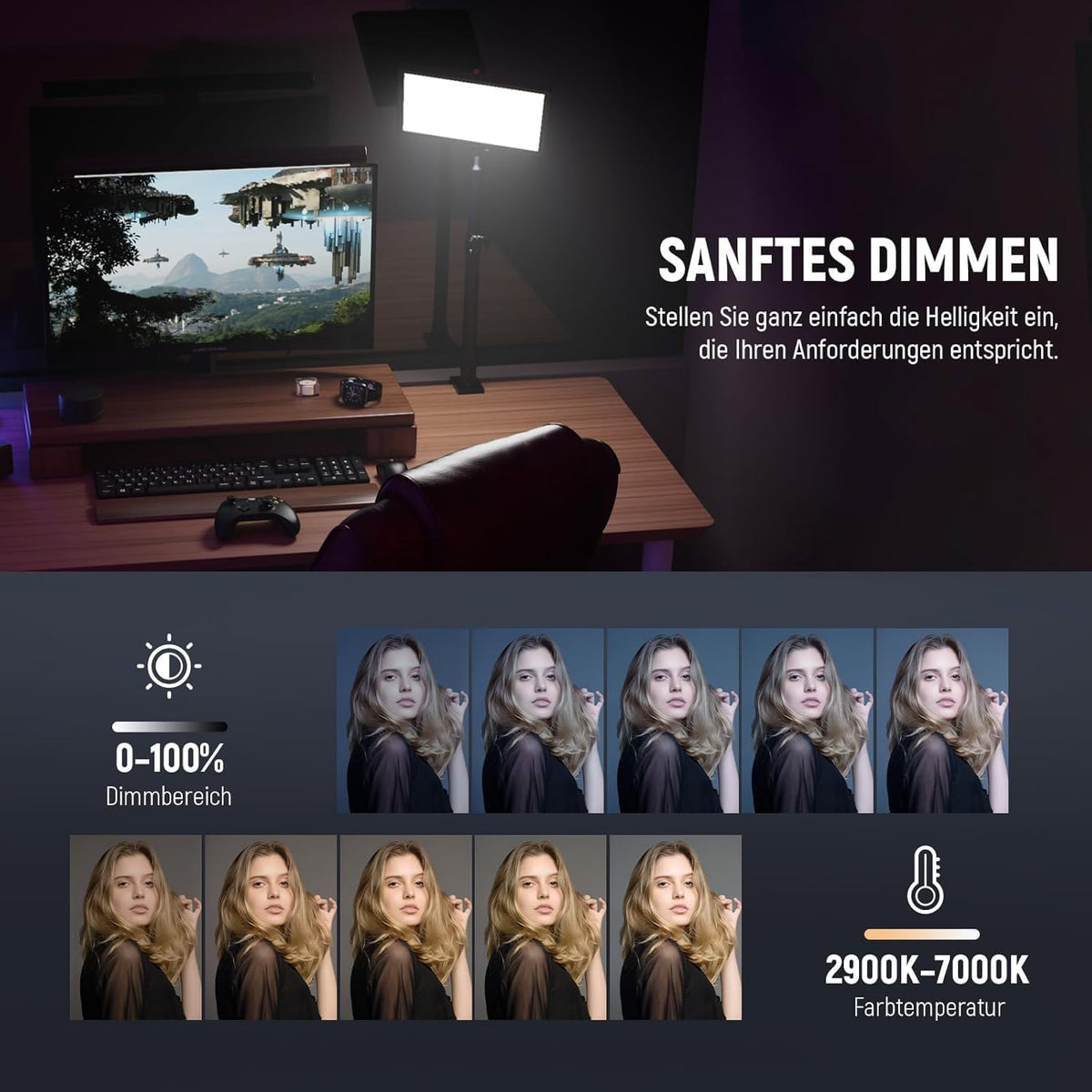 Videolamp – Streaming Licht – Webcam Lamp – Key Light – LED Paneel – 12,9 Inch – Dimbaar 2900K-7000K CRI98+