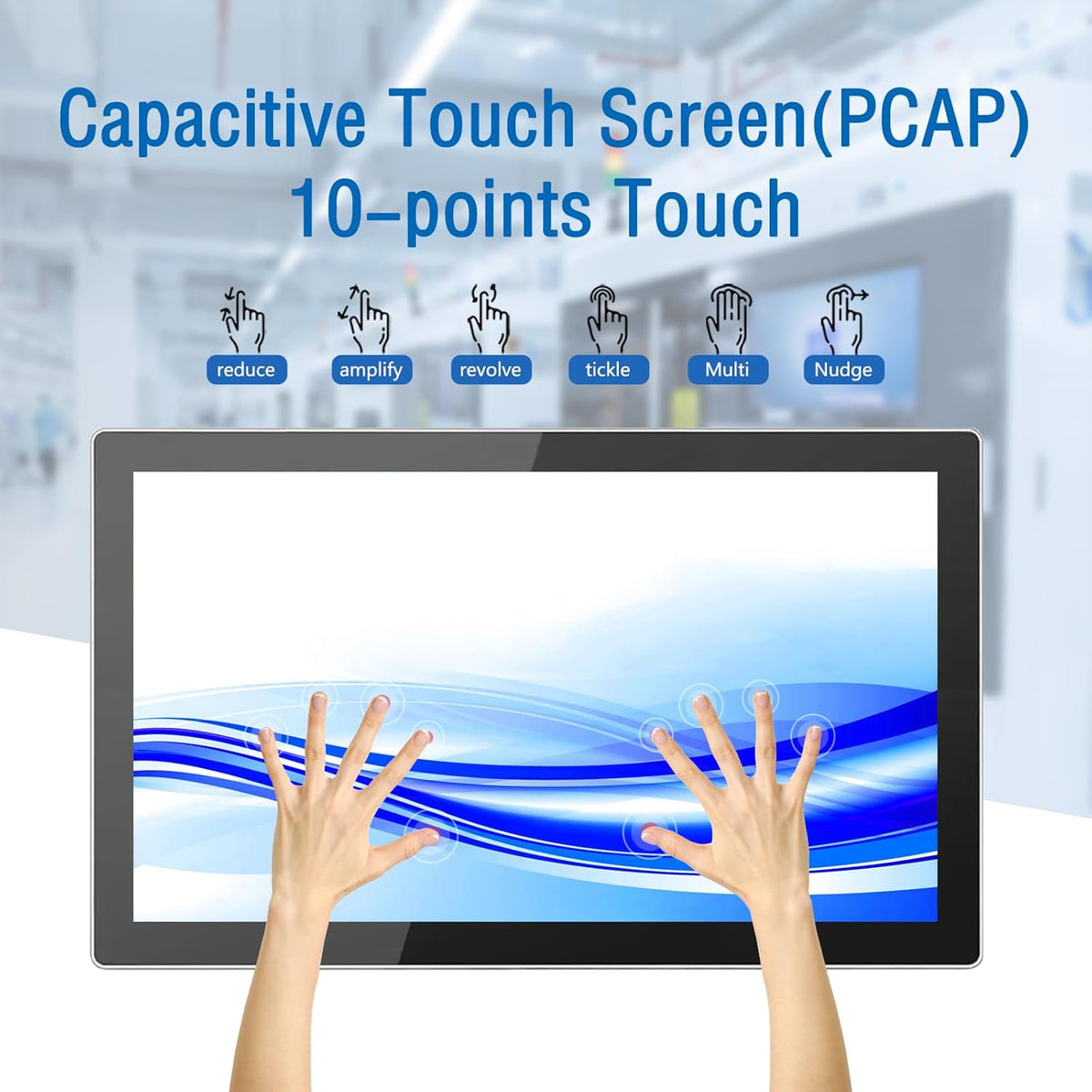 GrenTouch 21,5 inch LCD-monitor met 10-punts touchscreen en aluminium behuizing. Geïntegreerde touchscreen-monitor voor industrie, geneeskunde en detailhandel.