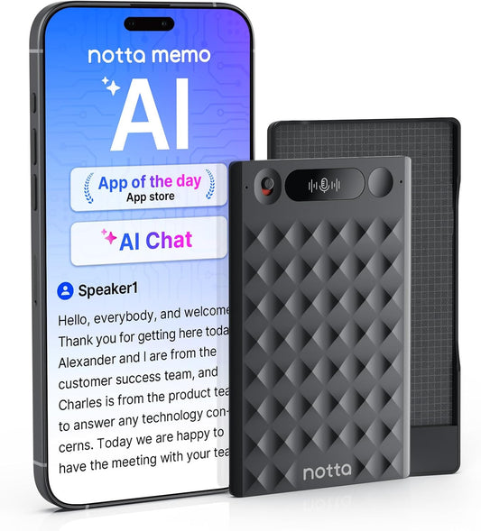 Notta Memo AI spraakrecorder(Zwart) met Memo MagBridge, AI-Transcriptie & Samenvatting 58 Talen, 2000u Geheugen, voor Gesprekken/Vergaderingen/Colleges