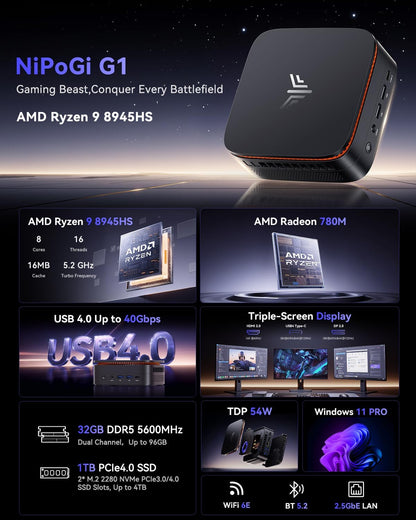 NiPoGi Gust G1 Mini Gaming PC W-11 Pro AΜD Ryzen 9 8945HS (8GB/16T, 5,2GHz) 32GB DDR5 (16GB*2) 5600MHz/1TB M.2 NVMe SSD, Mini Computer WiFi6E/BT5.2/4K Drievoudig Beeldscherm USB4.0+DP2.0+HDMI 2.0