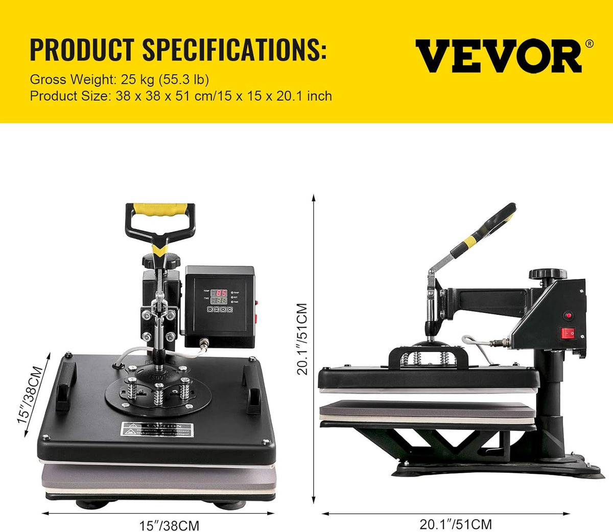 VEVOR transferpers, 8-in-1, 38 x 38 cm, hittepers, 1250 W, T-shirt-hittepers, Hittepersmachine,360 graden draaibaar, doe-het-zelf, multifunctionele sublimatie-hittepers met digitale LED-temperatuur- en tijdregelaar
