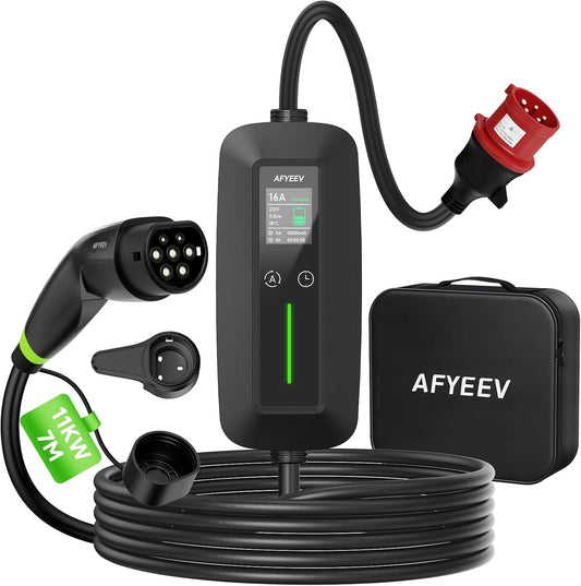 Type 2 oplaadkabel 11 kW, 3-fase, 7 m, 6-16 A, mobiel Wallbox laadstation met CEE-stekker, instelbaar laadvermogen EV oplader voor IEC 62196-2