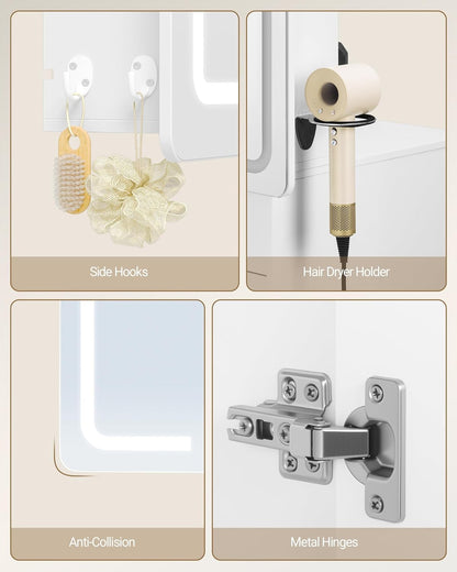 Hzuaneri Mirror Cabinet for Bathroom with LED Lighting, Mirror Cabinet for Bathroom, 3 Light Colours Adjustable, HD Mirror 16.5 x 75 x 80 cm White MC30003XEU