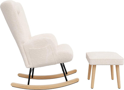 Schommelstoel – Relaxstoel – Schommelstoel Met Voetensteun – Lounge Stoel – Wipstoel – Teddy Pluche Wit – Houten Frame – Ergonomisch Hoofdsteun
