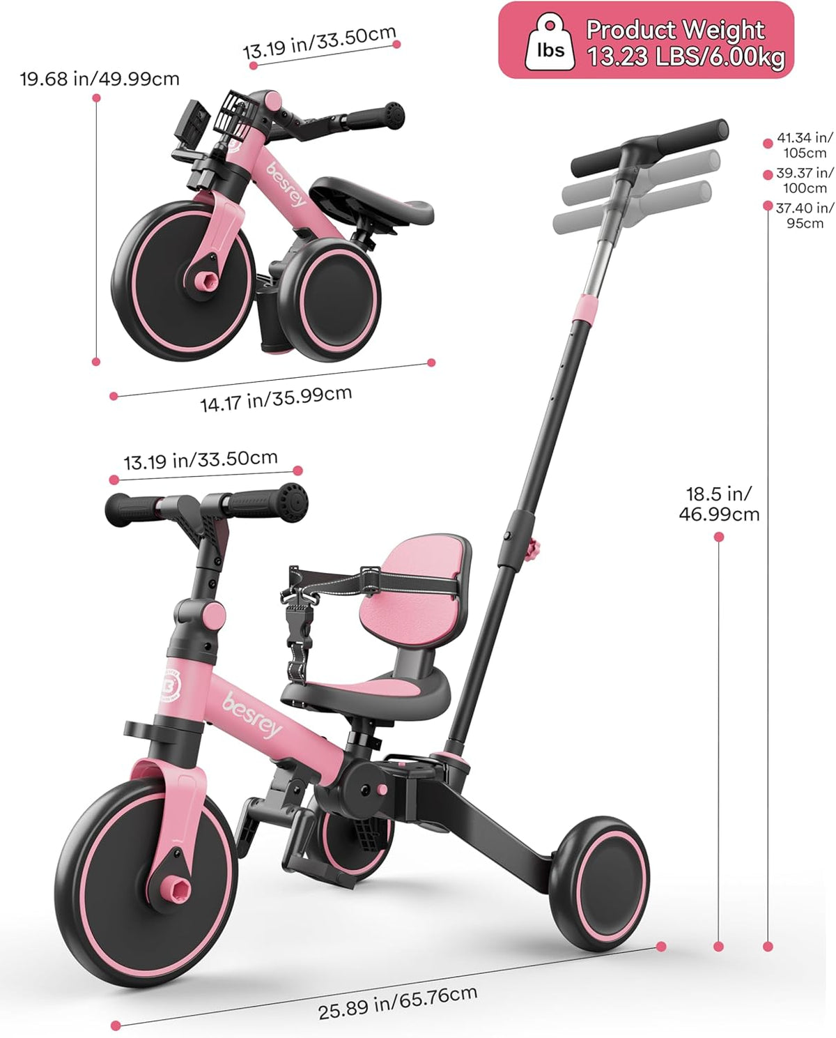 besrey Kinderfiets met oudergestuurde duwstang voor meisjes en jongens van 1-3 jaar, opvouwbare kinderdriewieler, driewieler met afneembare pedalen, in hoogte verstelbare zitting